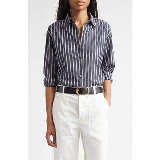Nili Lotan Yorke Stripe High-Low Cotton Poplin Button-Up Shirt in Charcoal Stripe at Nordstrom, Size X-Small