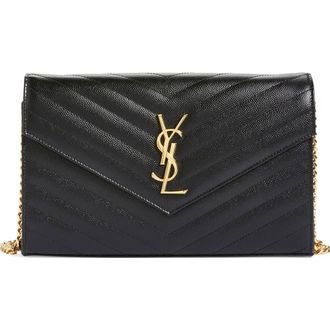 Saint Laurent Cassandre Matelass&eacute; Leather Wallet on a Chain in 1000 Nero at Nordstrom