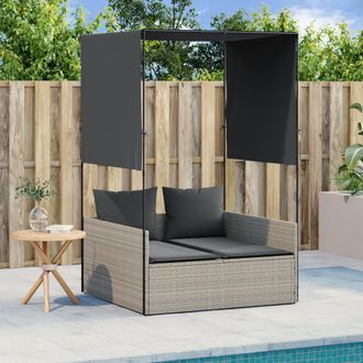 vidaXL Tumbona Doble Con Techo Y Cortinas Rat&aacute;n Sint&eacute;tico Gris Claro Vidaxl