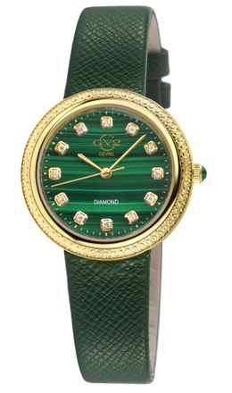 Gevril Group GV2 Arezzo Womens Diamond Watch,IPYG Case, Malachite Dial, Genuine Italian Handmade Green Leather Strap