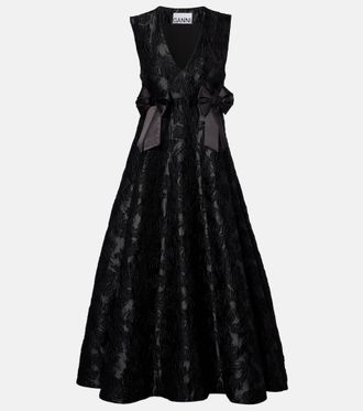 Ganni Bow-detail floral satin cloque midi dress