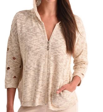 Angel Crochet Cut Out Hooded Zip Cardigan In Sand