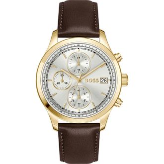 BOSS Stratus Chronograph Leather Strap Watch, 41mm in Silver at Nordstrom