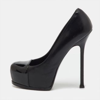 Saint Laurent Saint Laurent Black Leather and Patent Leather Cap Toe Tribtoo Platform Pumps Size 38