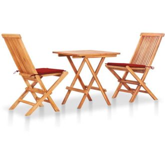 vidaXL Set De Bistr&oacute; 3 Pzas Con Cojines Rojos Madera Maciza Teca Vidaxl