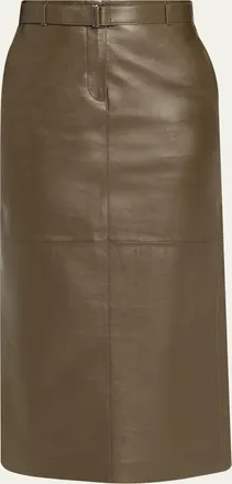 Lafayette 148 New York Belted Side-Slit Leather Midi Skirt