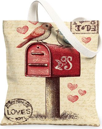 Generic Vintage Romantic Birds Canvas Tote Bags, Love Mailbox Pattern Reusable Grocery Bags, Lightweight Washable Shoulder Strap Ca, Beige, 13x15 Inch