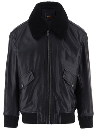 HUGO BOSS Black Jopeak Plush Collar Buffalo Leather Jacket