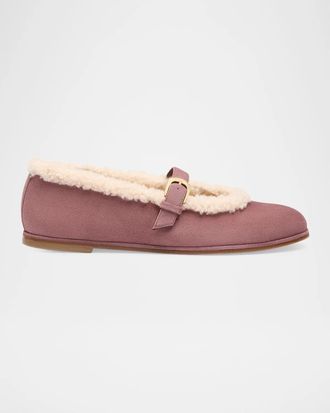 Stuart Weitzman Sai Shearling-Lined Suede Mary Jane Ballerina Flats
