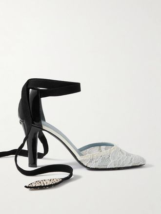 Valentino Garavani D&eacute;collet&eacute; In Pizzo A Cordoncino E Vernice Con Finiture In Camoscio E Decorazione 85 - Bianco