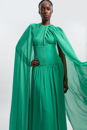 Karen Millen Womens Halter Neck Twist Crinkle Georgette Cape Woven Maxi Dress - Green - Size 14 UK