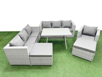 Fimous 9-seater Patio 3 Seater Sofa Armchair Set with 2 Big Stools in Light Grey