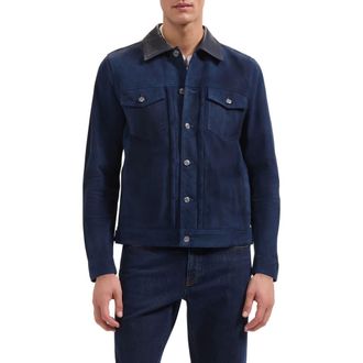 Bugatchi Hybrid Leather Trucker Jacket in Navy at Nordstrom, Size Xx-Large