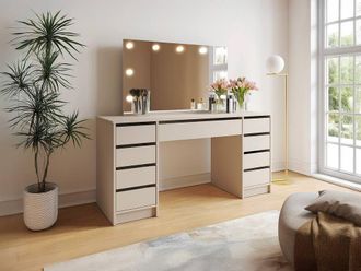 Vente-Unique Double Dressing Table With LED Mirror - 9 Drawers - Beige - JENEMI