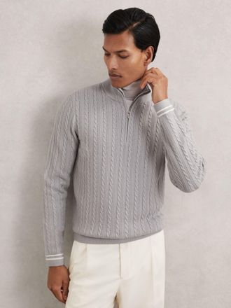 Reiss Soft Blue Half-zip Cable Knit Jumper With Wool, 2XL