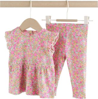 Next Kids Fleuro Ditsy Ruffle Stretch Cotton Top & Leggings Set in Pink at Nordstrom, Size Newborn