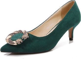 Generic Green,6.5 UK,Kitten Heels for Womens Suede Pointy Closed Toe Low Heel Pumps Slip On Wedding Party Dress Shoes with Square Buckle