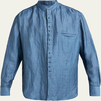 Giorgio Armani Mens Linen and Nylon Band Collar Button-Down Shirt