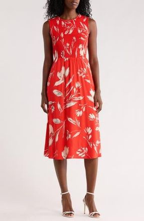 Calvin Klein Smocked Sleeveless Fit & Flare Midi Dress in Ginger Multi at Nordstrom Rack, Size 14