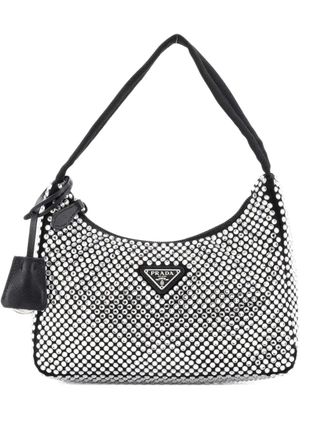 Prada Re-Edition 2000 Crystal Embellished Satin Mini hobo bag - women - COTTON/ STRAW - One Size - Black