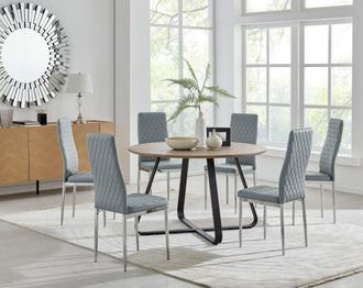 Furniturebox Santorini Brown Wood Effect Dining Table & 6 Milan Chrome Leg Chairs in Grey