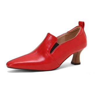 Generic Womens PU Leather Slip On Pumps Pointed Square Toe Elastic Panel Wooden Detail Heel Non Slip Durable Comfortable Daily Casual Shoes,Red,9.5 UK