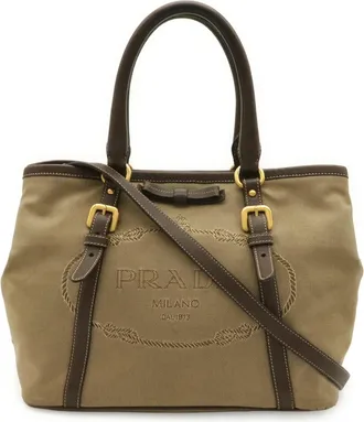 Prada Beige Brown Khaki Canvas Leather Handbag Shoulder Bag Tote Bag (Pre-Owned)
