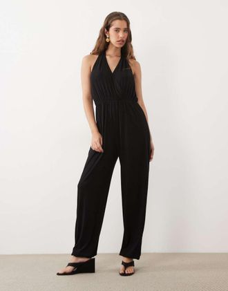Miss Selfridge tuta jumpsuit avvolgente con bordo smerlato nera-Verde