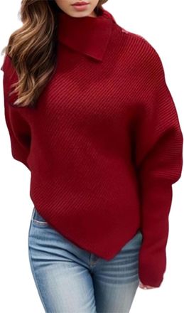 Generic Womens Turtle Neck Batwing Knit Sweaters,Long Sleeve,Fall,Asymmetric Hem,Casual,Loose,Spring,Autumn,Winter,Buttons,Elegant,Thermal Jumpers Pullover Re