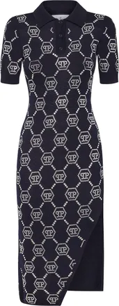 Philipp Plein Knitted Strass Polo Dress With Padded Shoulders Monogram