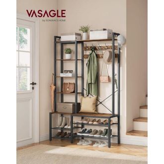 Songmics VASAGLE Appendiabiti Ingresso con Panca Scarpiera e 5 Ripiani Portaoggetti, 9 Ganci Attaccapanni e 6 Ganci Laterali, 40 x 120 x 190 cm, Grigio Pietra
