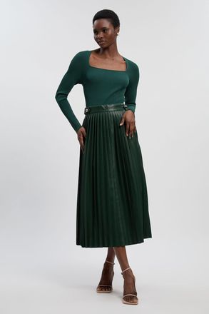 Karen Millen Womens Viscose Rib Pu Mix Tab Detail Pleated Knit Midi Dress - Green - Size X-Small