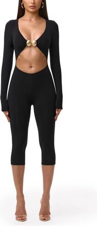Naked Wardrobe V-Cutout Capri Jumpsuit in Black at Nordstrom, Size X-Large