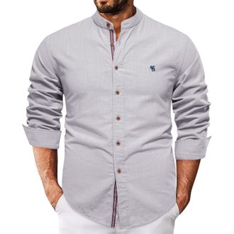 Generic Mens Casual and Fashionable Cotton and Linen Solid Color Standing Collar Business Long Sleeved Shirt Mens Holiday Turtleneck Long Sleeve (Grey, M)