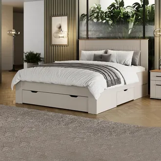 Dmora Cama Matrimonial Luangp, Dimensiones 160x200 Cm, Cabecera Con Detalles Rayados, Soporta 200 Kg, Blanco Crema