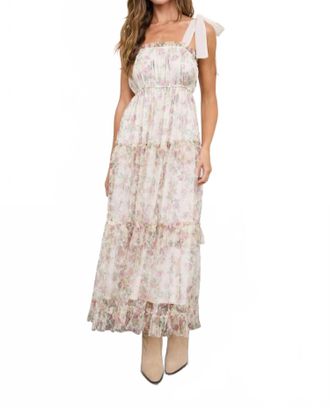 Blu Pepper Floral Chiffon Tie Strap Ruffled Tiered Midi Dress In Oatmeal Multi