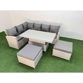 Fimous 8 Seat Rattan Outdoor Garden Furniture Corner Sofa Set Adjustable Lifting Dining or Coffee Table Set with Armchair 2 Big Footstools Light Grey