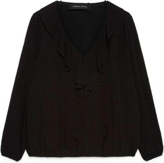 Fiorella Rubino Polka Dot Plumetis Blouse met Ruches - Dames - Blouses - Zwart - 2XL - Overhemden