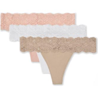 Pact Organic Cotton Lace Waist Thong 3-Pack in Barely There at Nordstrom, Size Xx-Large