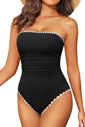 Holipick Women Tummy Control One Piece Swimsuits Strapless Bandeau Bathing Suits Slimming Halter Swimwear, New Black With White, Large