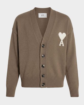 Ami Men & apos;s Intarsia Ami De Coeur Wool and Cotton Knit Cardigan