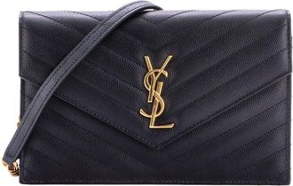 Saint Laurent Black Matelasse Chevron Leather Classic Monogram Wallet On Chain Small (Authentic Pre-Loved)