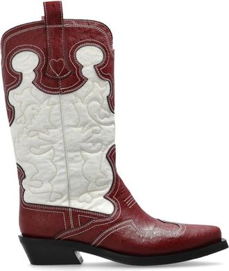 Ganni Schoenen, Dames, Rood, 41 EU, Leer, Mid Shaft Embroidered Western Boots