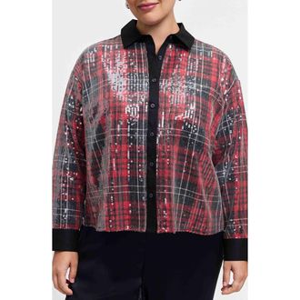 Foxcroft Marina Sequin Button-Up Shirt in Burgundy Red/Multi at Nordstrom, Size 2X