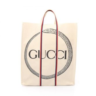 Gucci Ivory Navy Red Color Canvas Handbag Tote Bag (Pre-Owned)