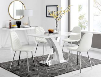 Furniturebox Atlanta White High Gloss & Chrome 4 Seater Dining Table with X Shaped Legs & 4 Faux Leather Corona Chairs