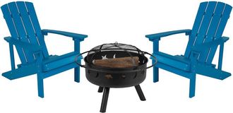 Flash Furniture 3 Piece Blue Poly Resin Wood Adirondack Chair Set with Fire Pit