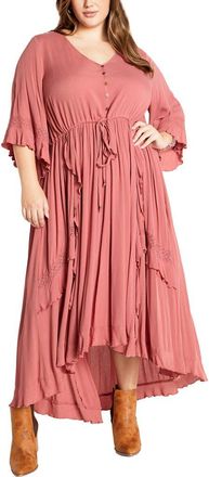 City Chic Rosie Lace Trim High-Low Maxi Dress in Pink at Nordstrom, Size Xxl