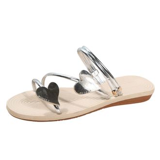 Generic 2026 Women Slippers Fashion Spring and Summer Flat Bottom Light Open Toe Breathable Solid Color Heart Shape Elegant (Silver, 5.5)