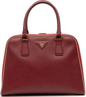 Prada Dark Red Saffiano Lux Pyramid Frame Top Handle Bag